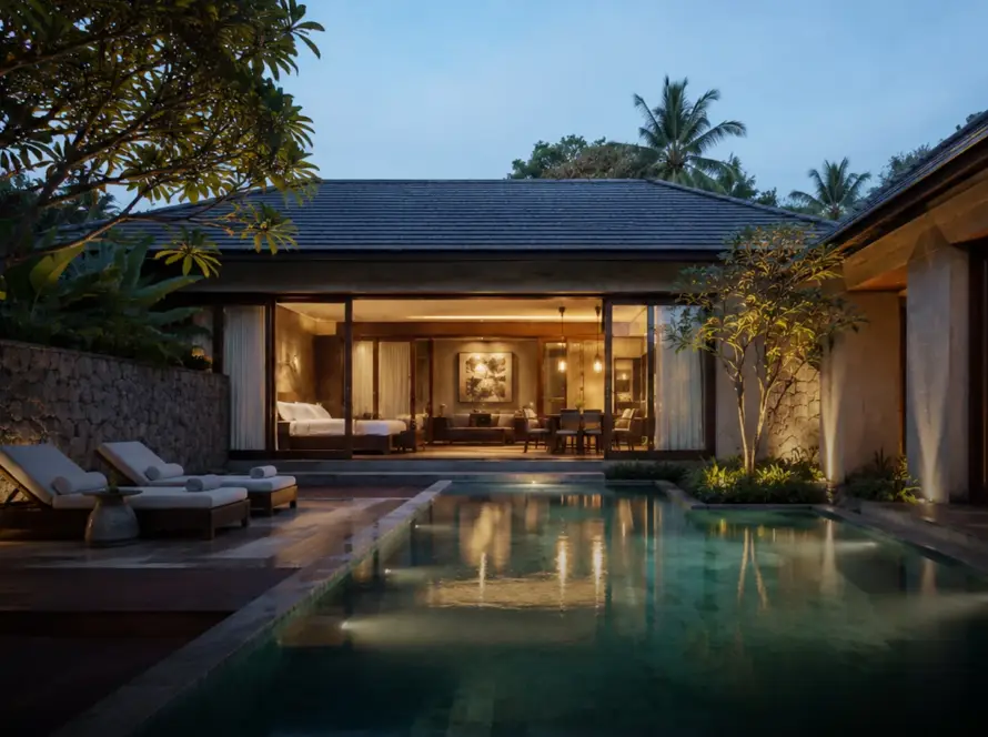 A luxury tropical villa at twilight featuring a glowing rectangular pool, lounge chairs, and open-concept interiors set against lush greenery.