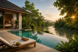 Luxury private pool villa with infinity pool overlooking a river and tropical greenery at sunset.