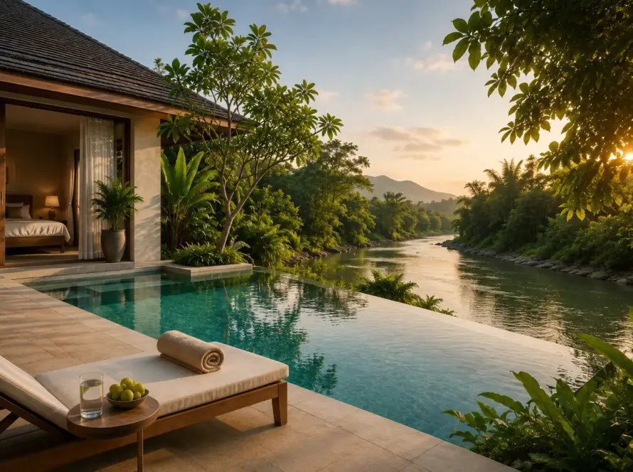 Luxury private pool villa with infinity pool overlooking a river and tropical greenery at sunset.