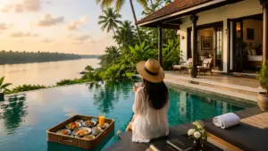 Luxury riverside villa with a private infinity pool, floating breakfast, and tropical sunset view.