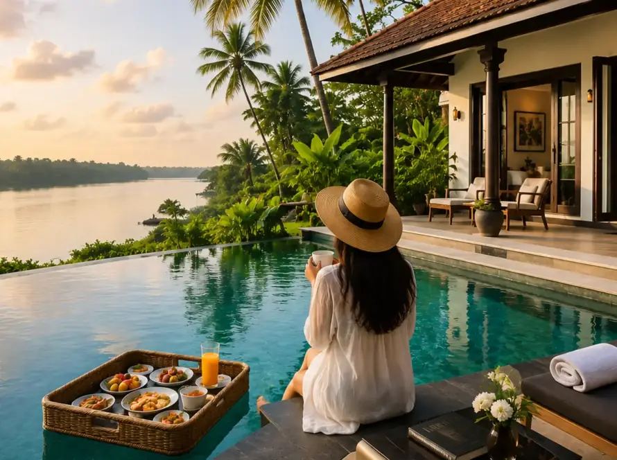 Luxury riverside villa with a private infinity pool, floating breakfast, and tropical sunset view.