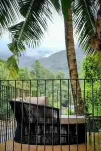 Breathtaking balcony views of misty mountains and lush greenery.