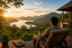 Guest enjoying a peaceful sunset view of mountains and a river from a private villa deck at Gravel Banks Villas, Kerala.