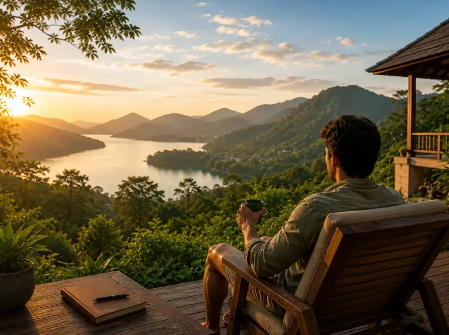 Guest enjoying a peaceful sunset view of mountains and a river from a private villa deck at Gravel Banks Villas, Kerala.