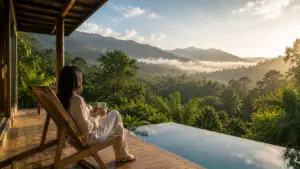 Traveler relaxing by a private pool with a scenic mountain and forest view.