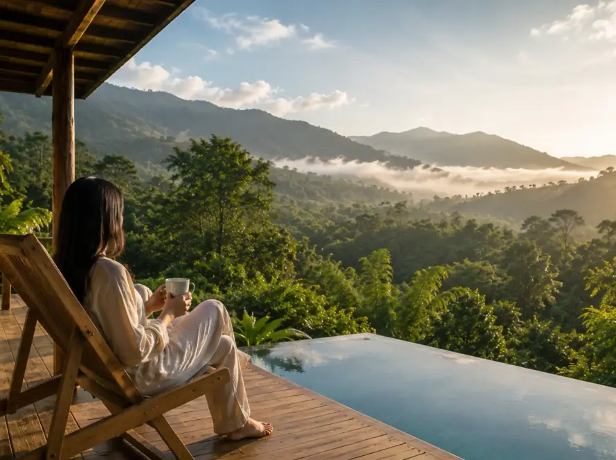 Traveler relaxing by a private pool with a scenic mountain and forest view.